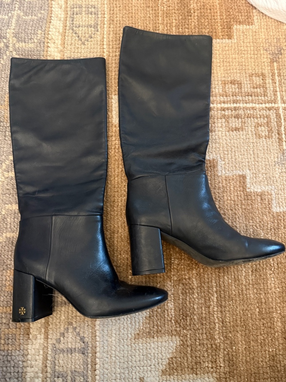 Tory Burch Black Leather Mid-Calf Block Heel Boots